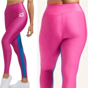 PELOTON Hot Pink Blue Show Up Reversible Rib Workout Leggings‎ XL